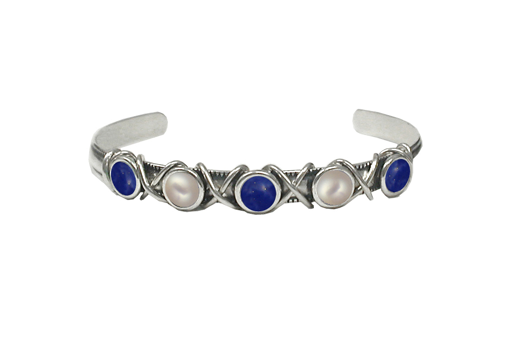 Sterling Silver Cuff Bracelet With Lapis Lazuli And Cultured Freshwater Pearl